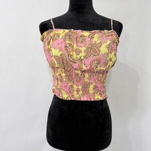 AFRM Smocked Paisley Cami Crop Top Size M Pink Yellow Summer Festival Rave Boho